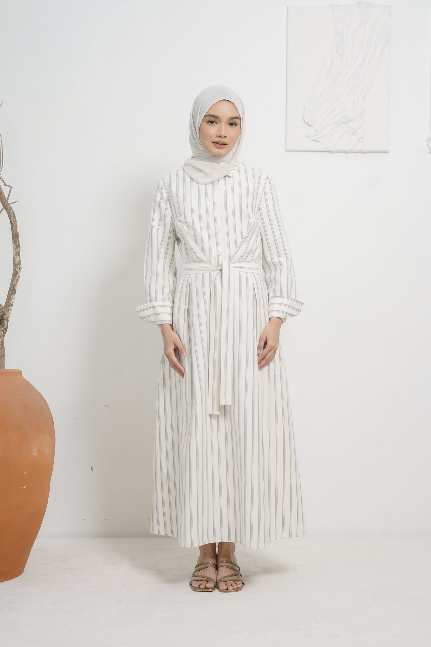 Stripe Shirt Dress in Beige Black