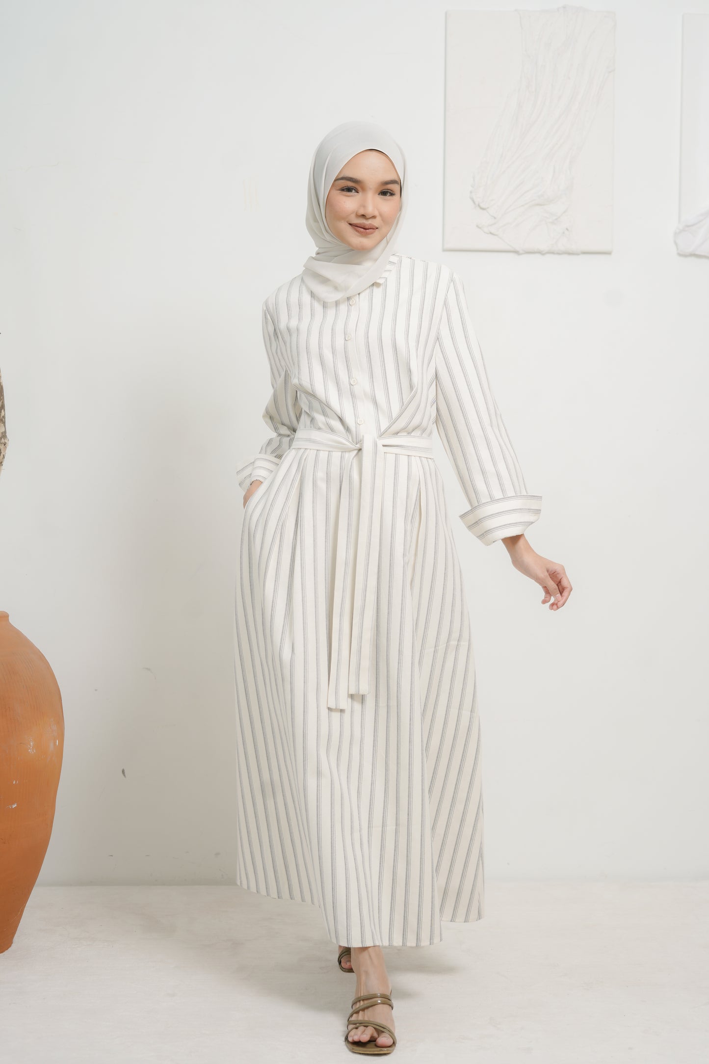 Stripe Shirt Dress in Beige Black