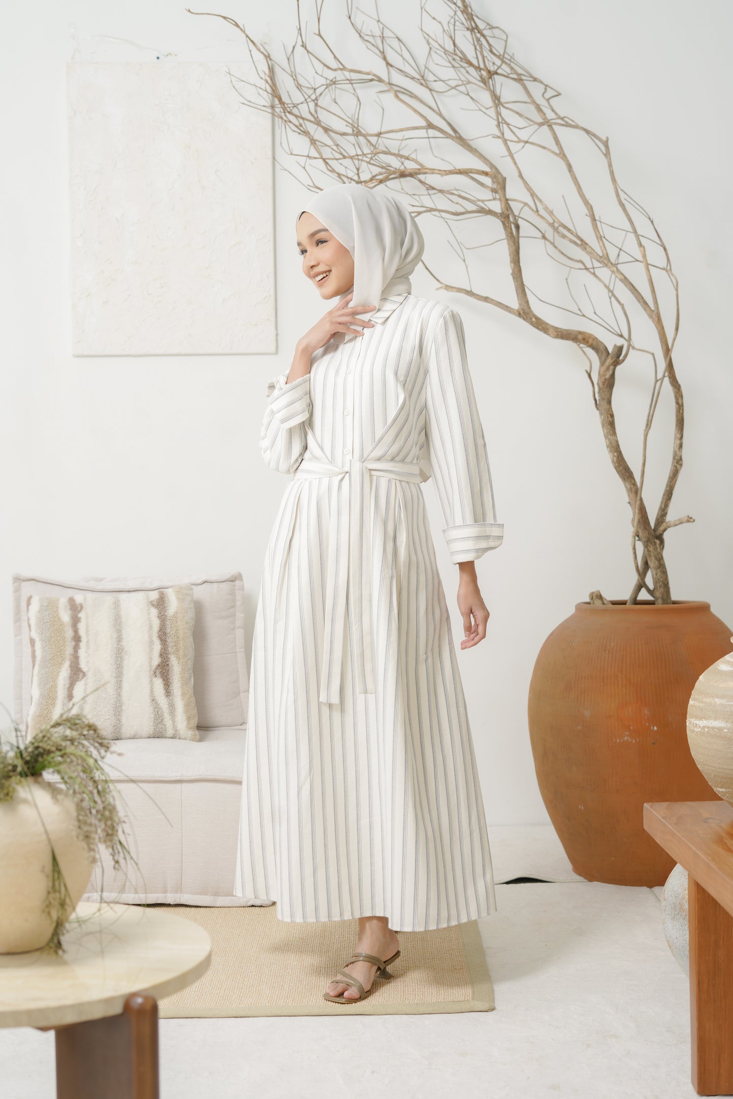 Stripe Shirt Dress in Beige Black