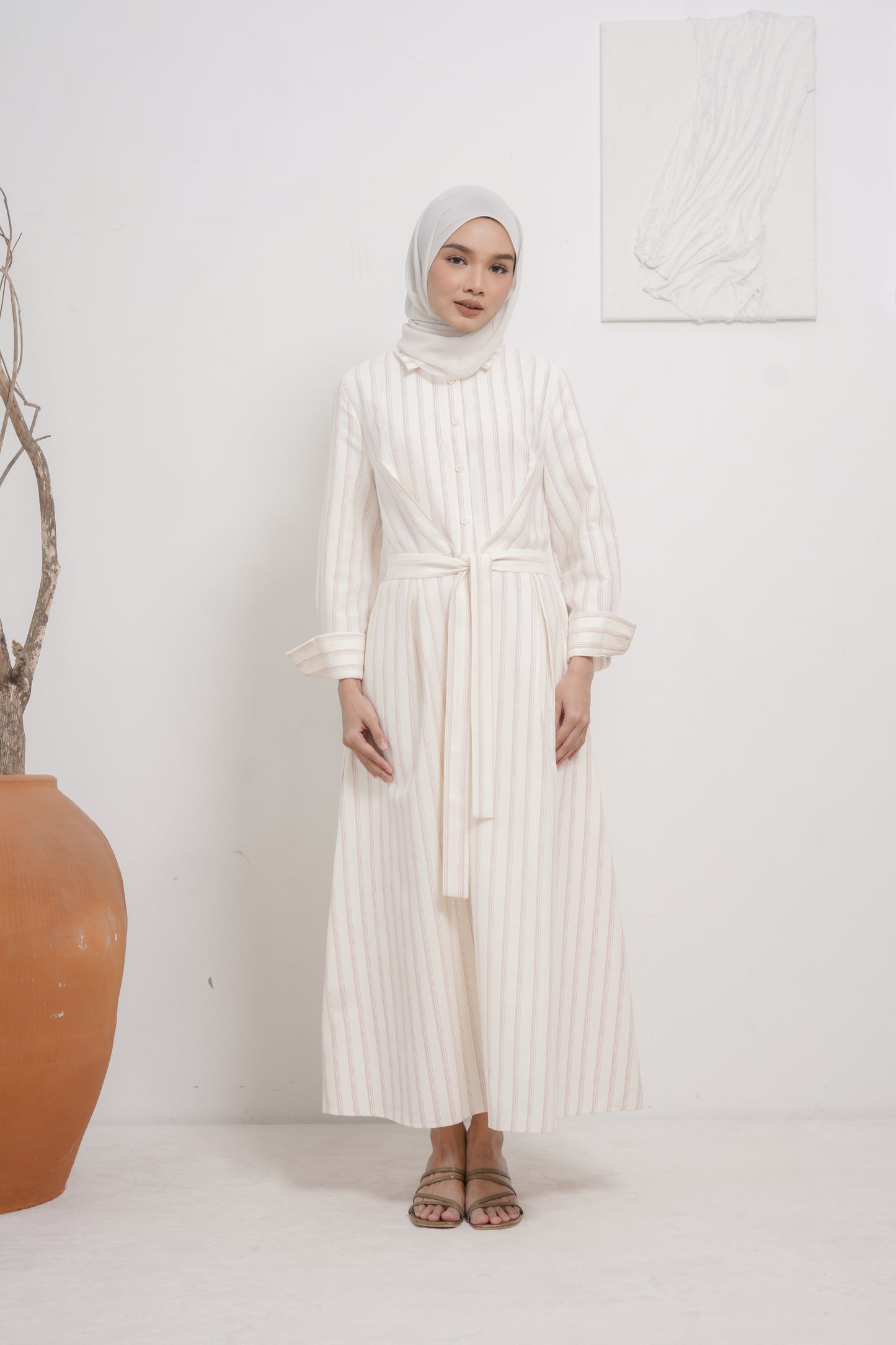 Stripe Shirt Dress in Beige Pink