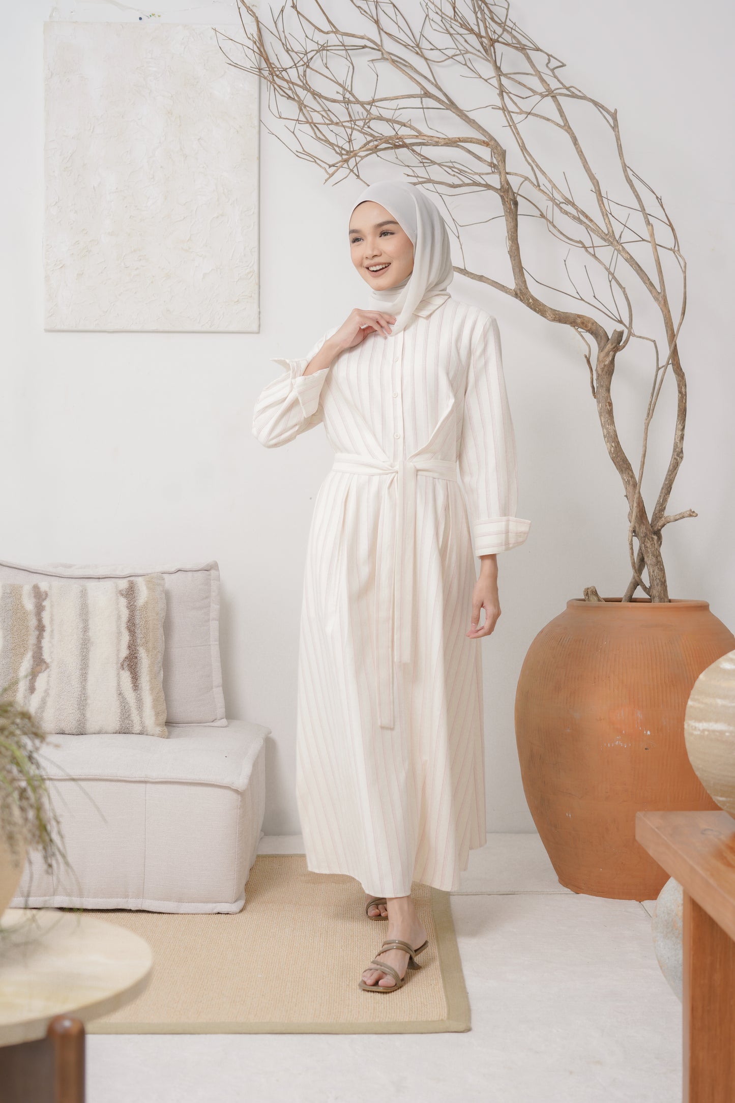 Stripe Shirt Dress in Beige Pink