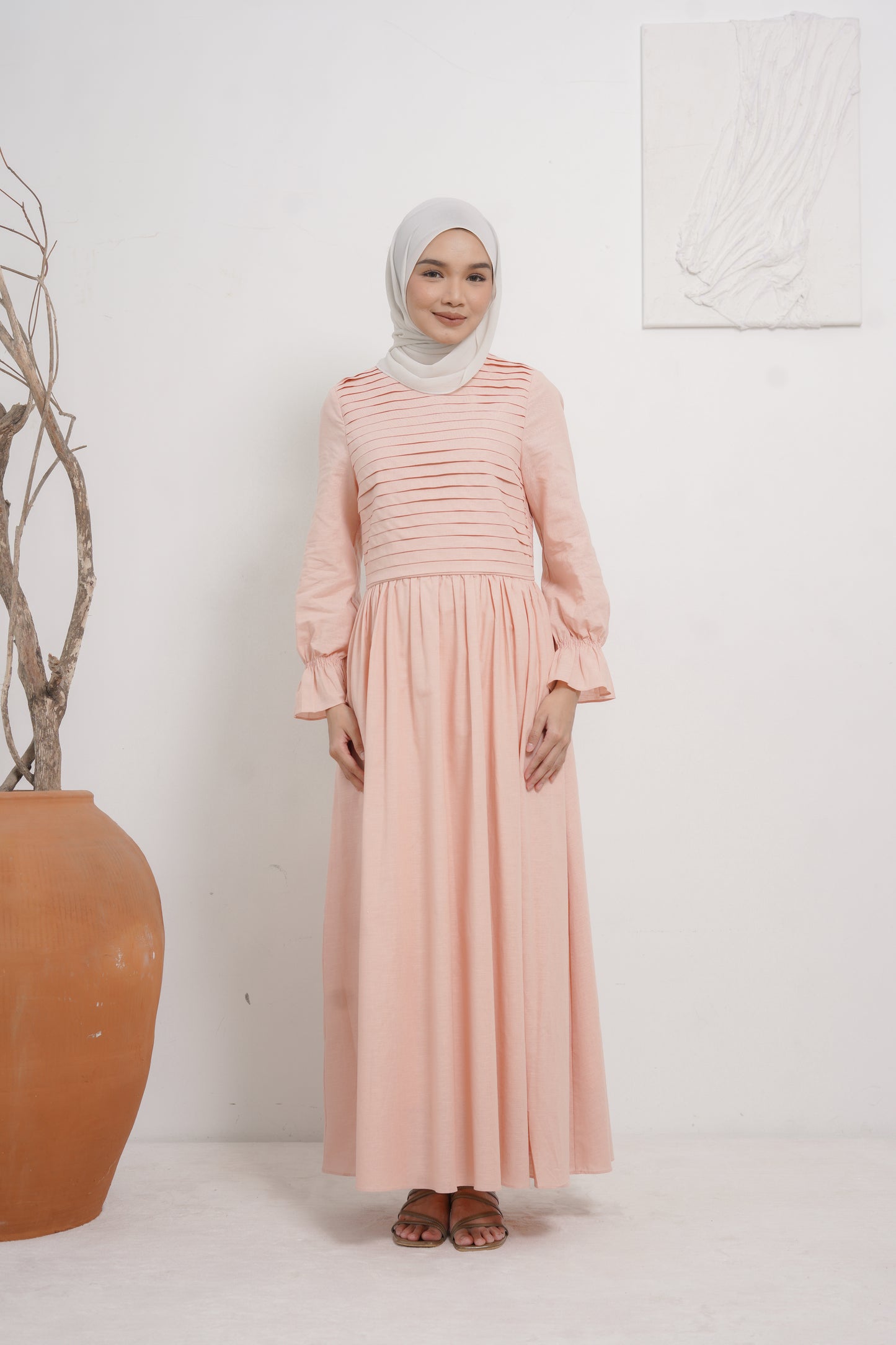 Linen Pleated Dress in Blush