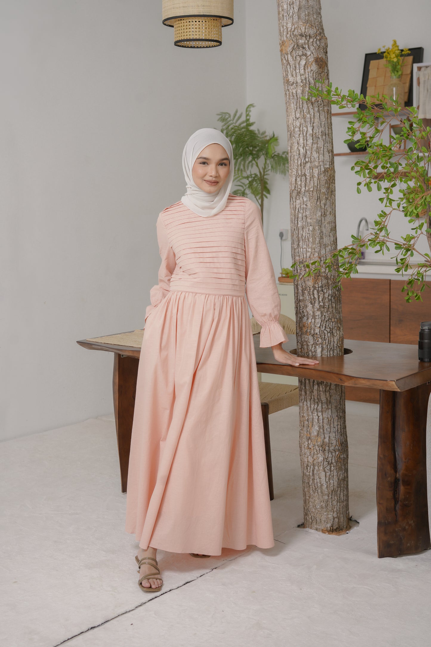 Linen Pleated Dress in Blush