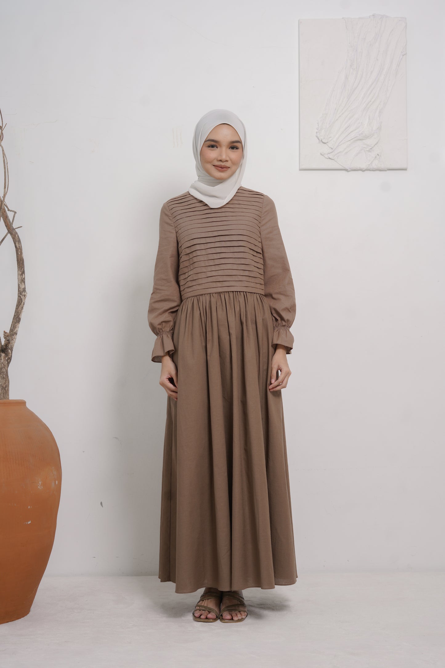 Linen Pleated Dress in Brown