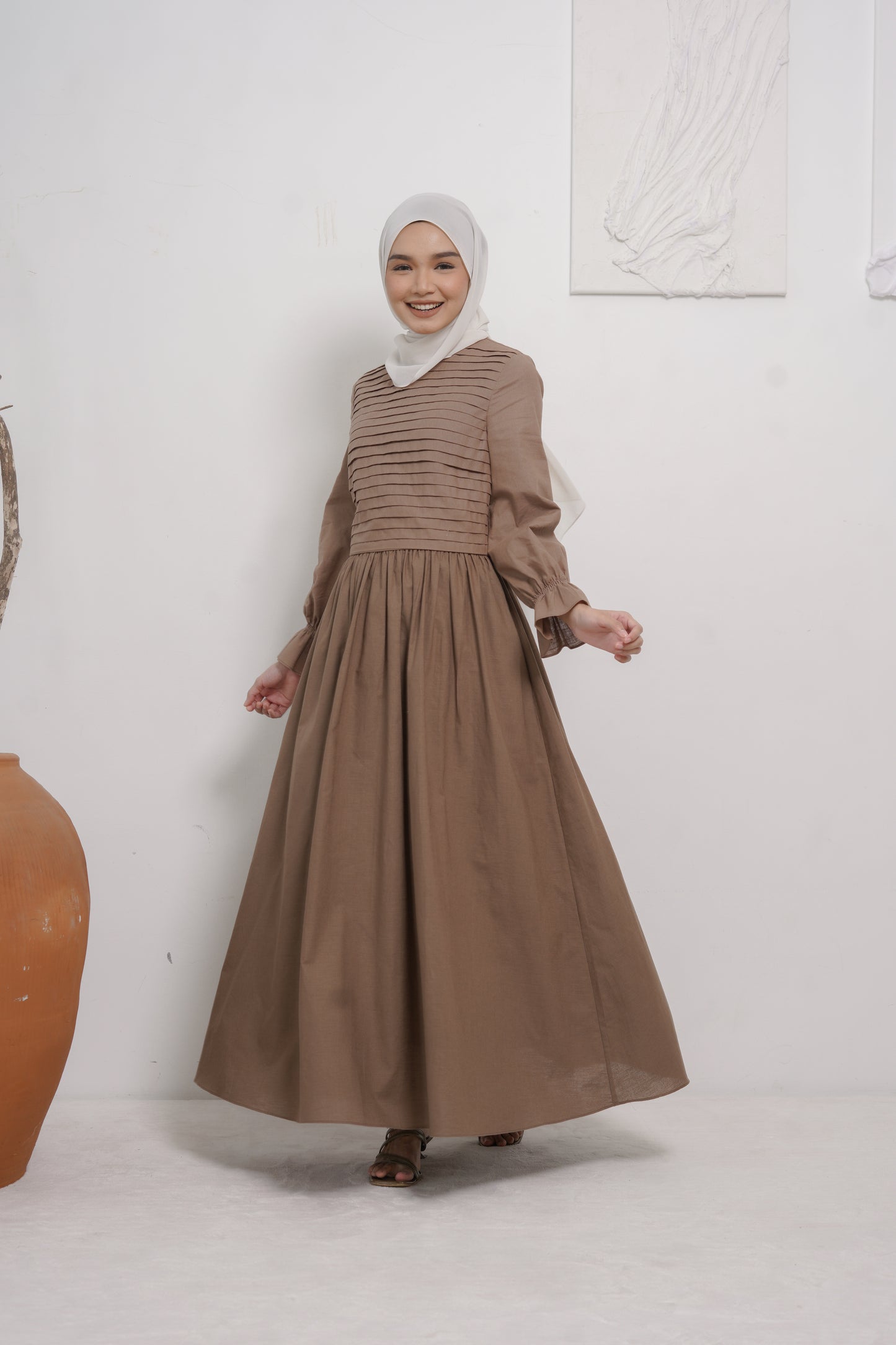 Linen Pleated Dress in Brown