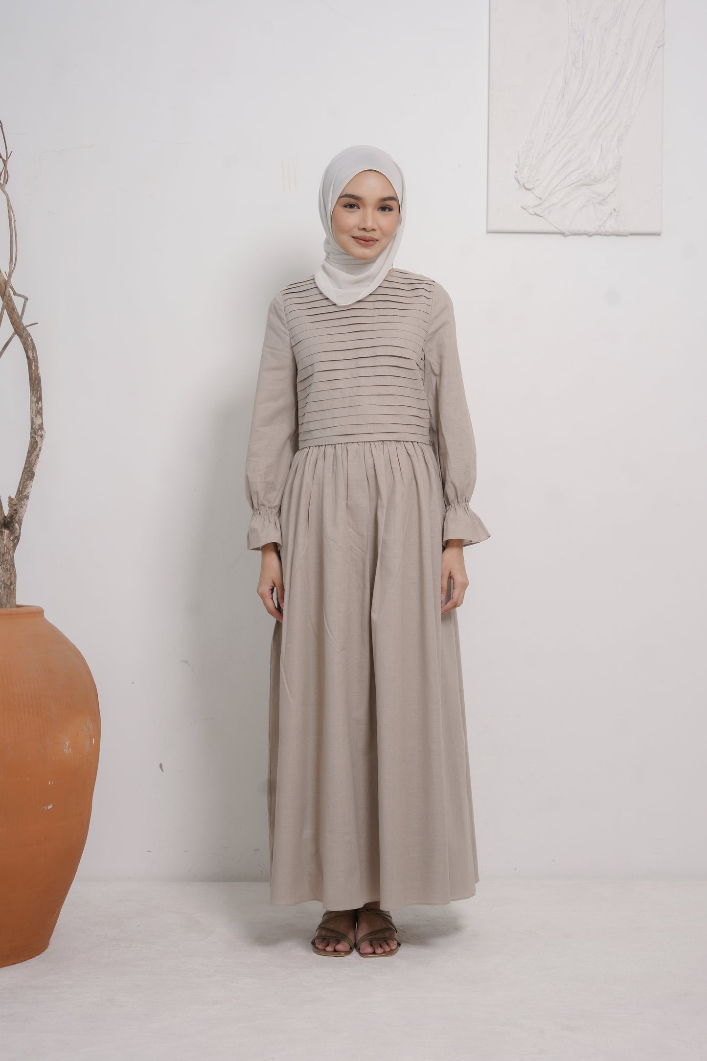 Linen Pleated Dress in Light Taupe