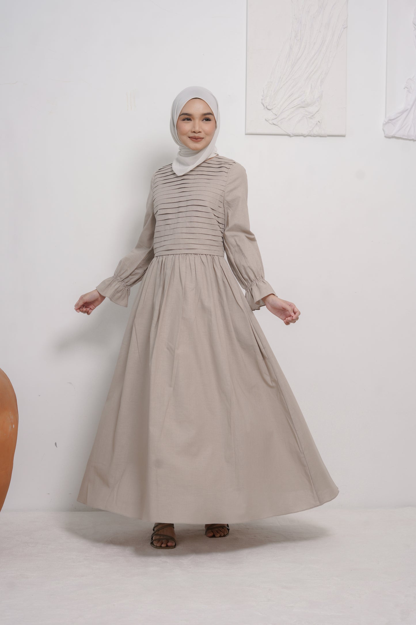 Linen Pleated Dress in Light Taupe