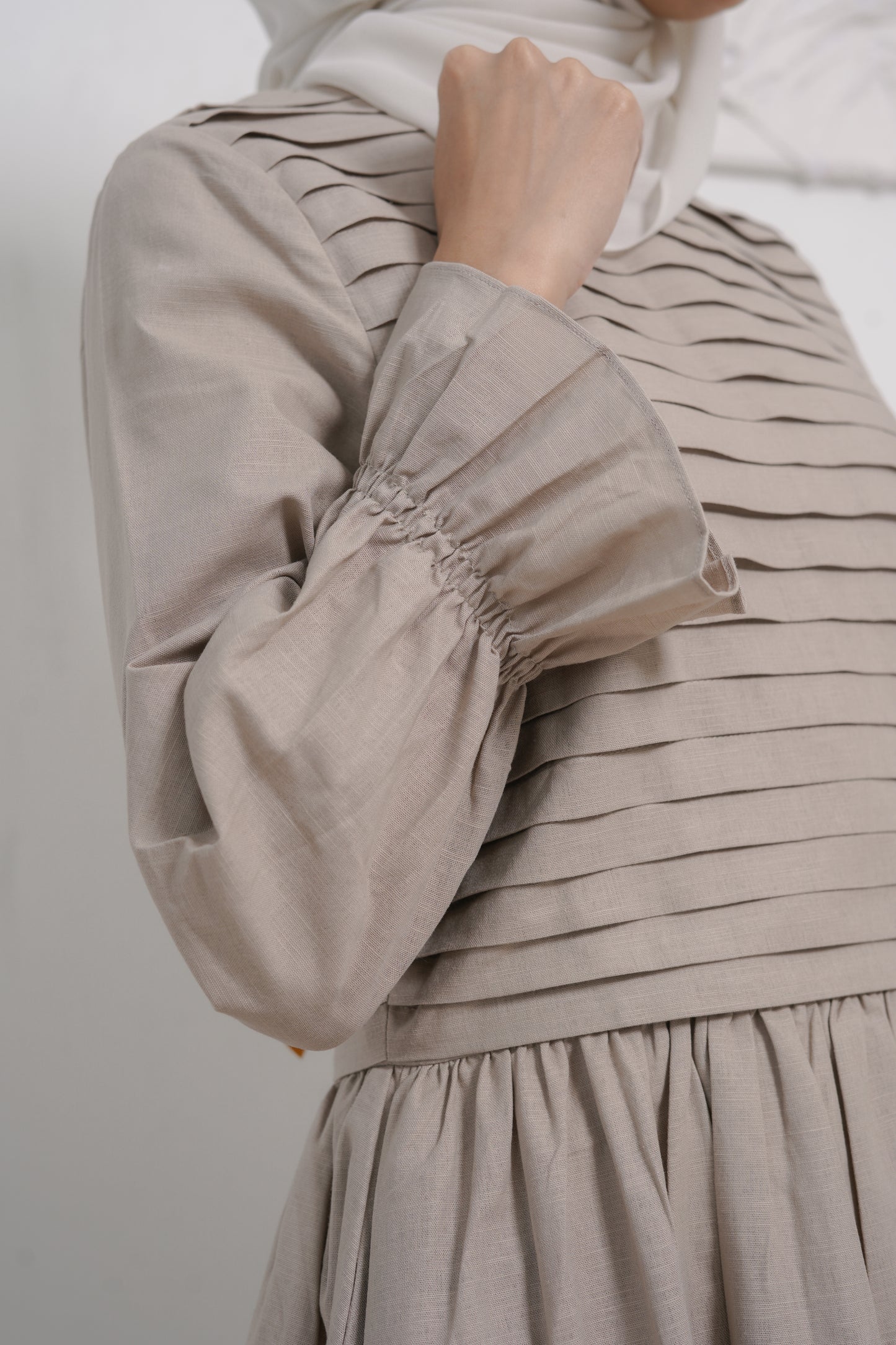 Linen Pleated Dress in Light Taupe