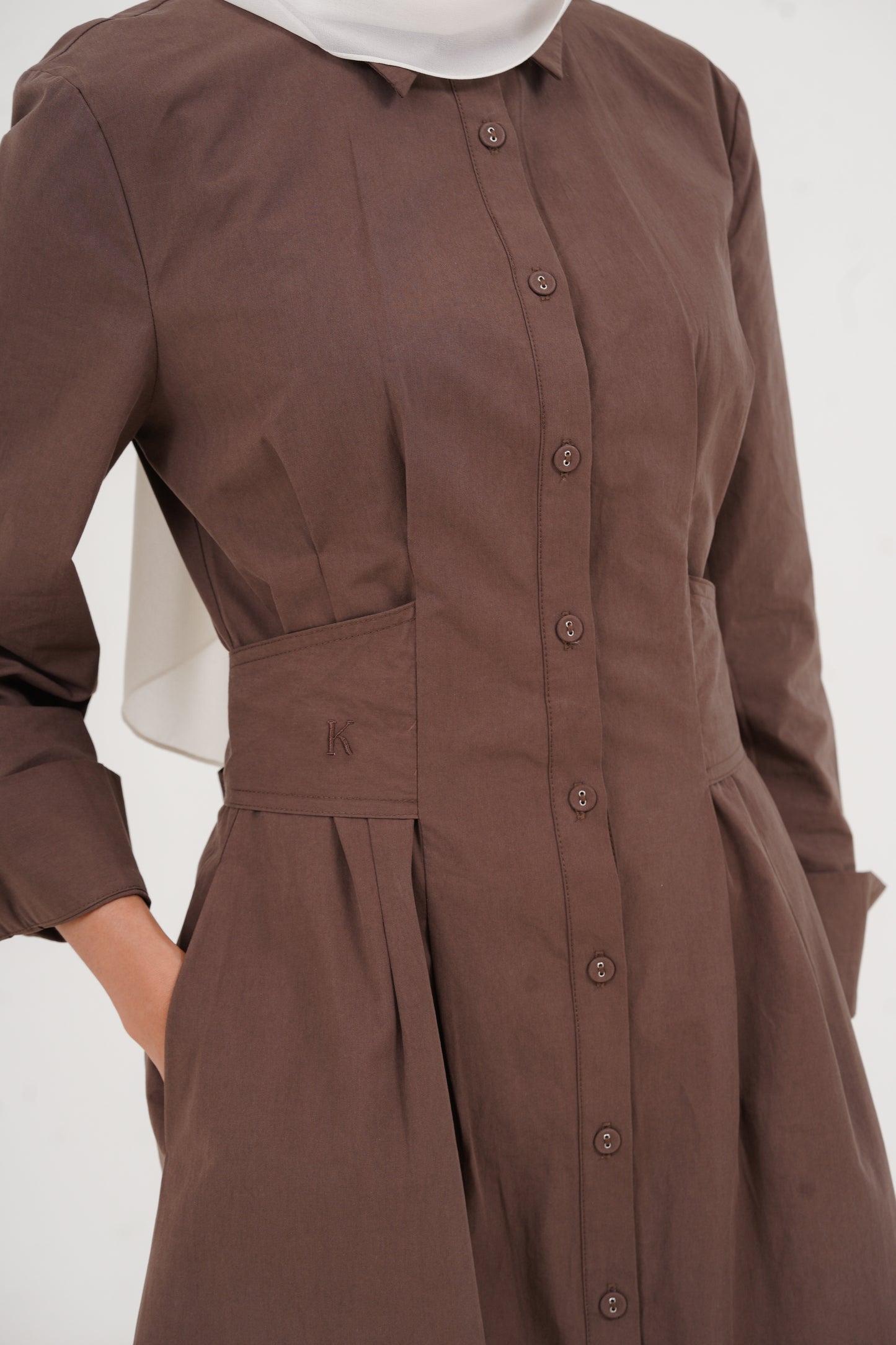 Structured Belt Dress Plain - Coffee