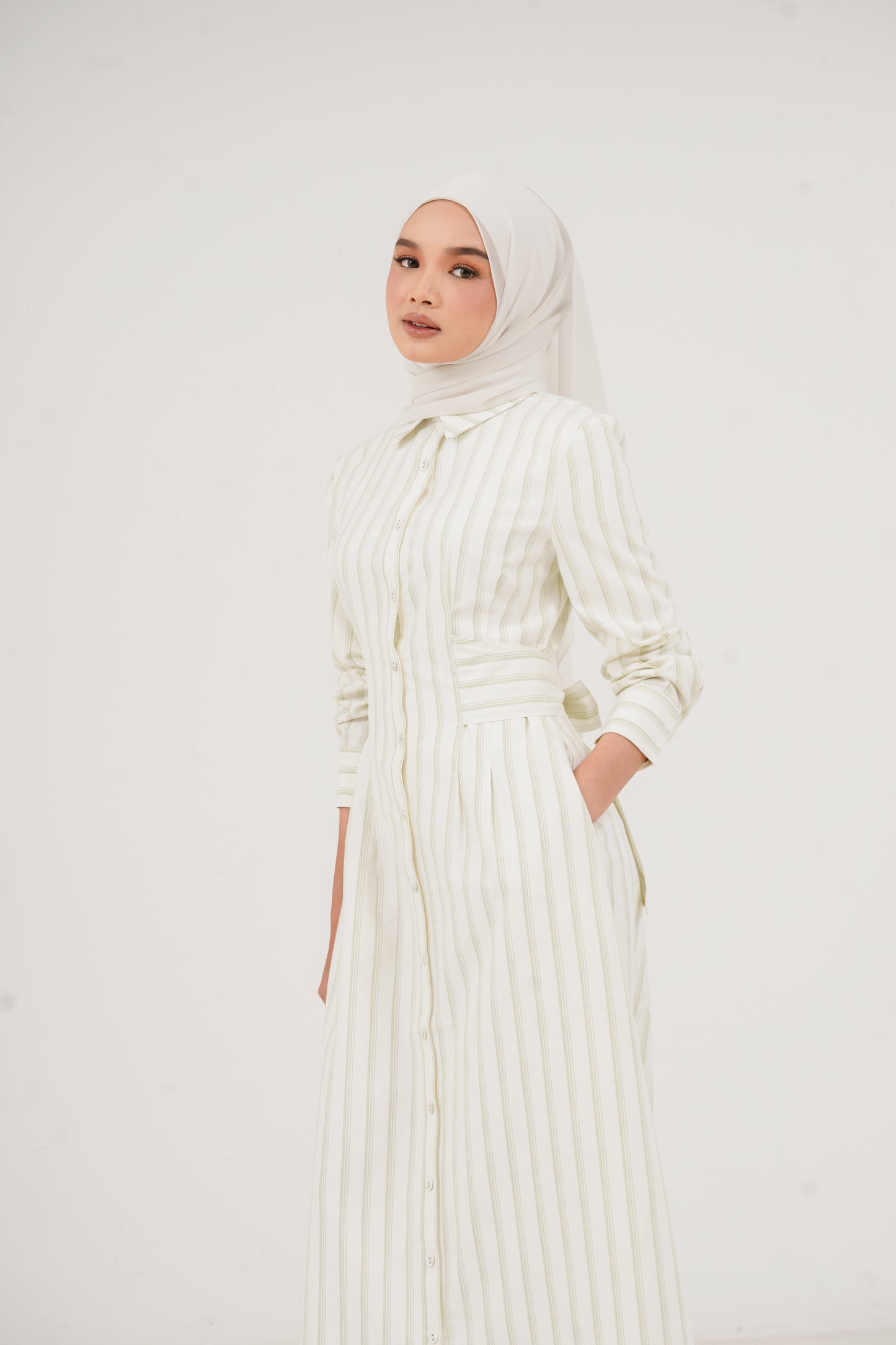 Structured Belt Dress Stripes - Sage