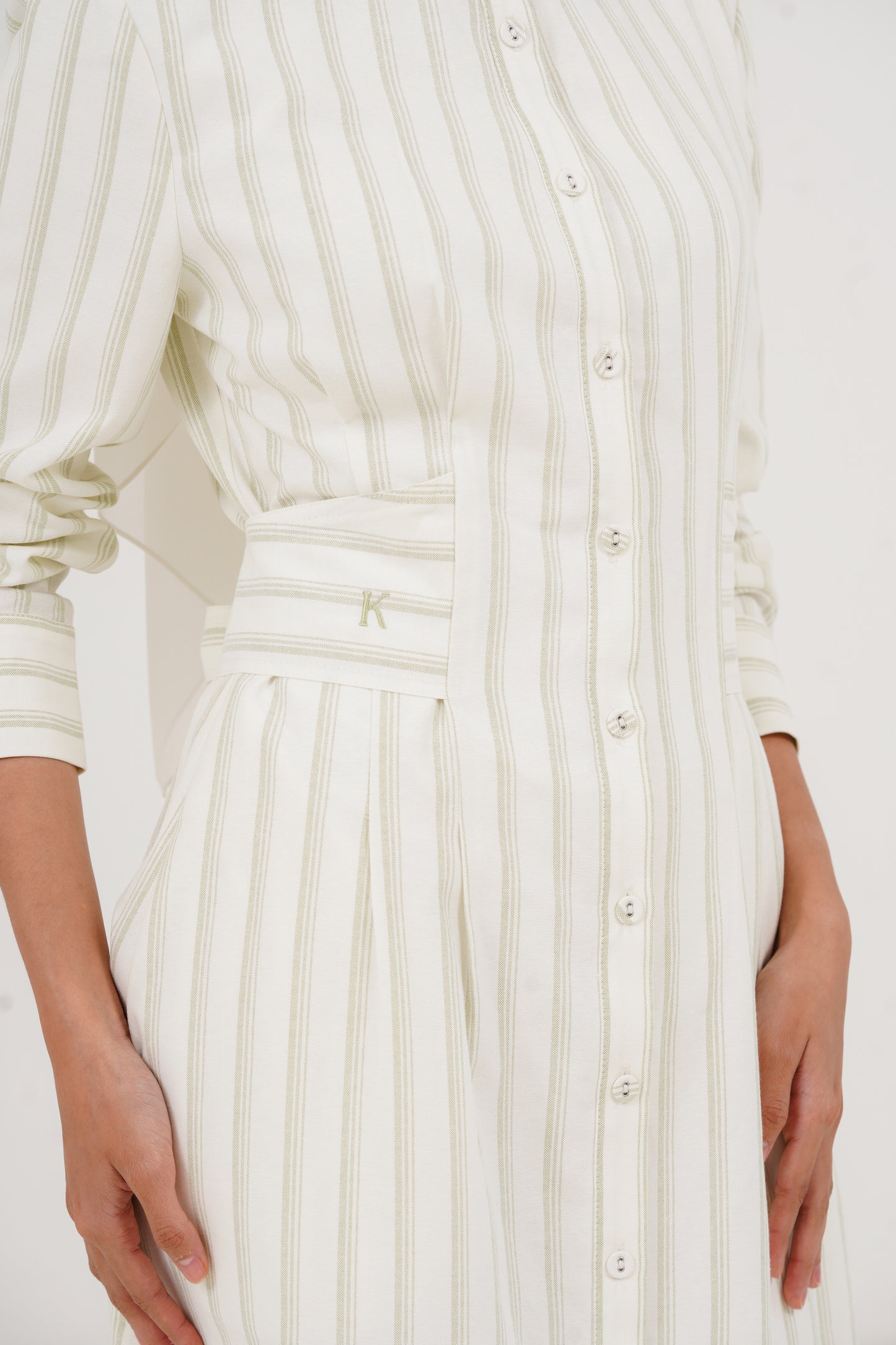 Structured Belt Dress Stripes - Sage