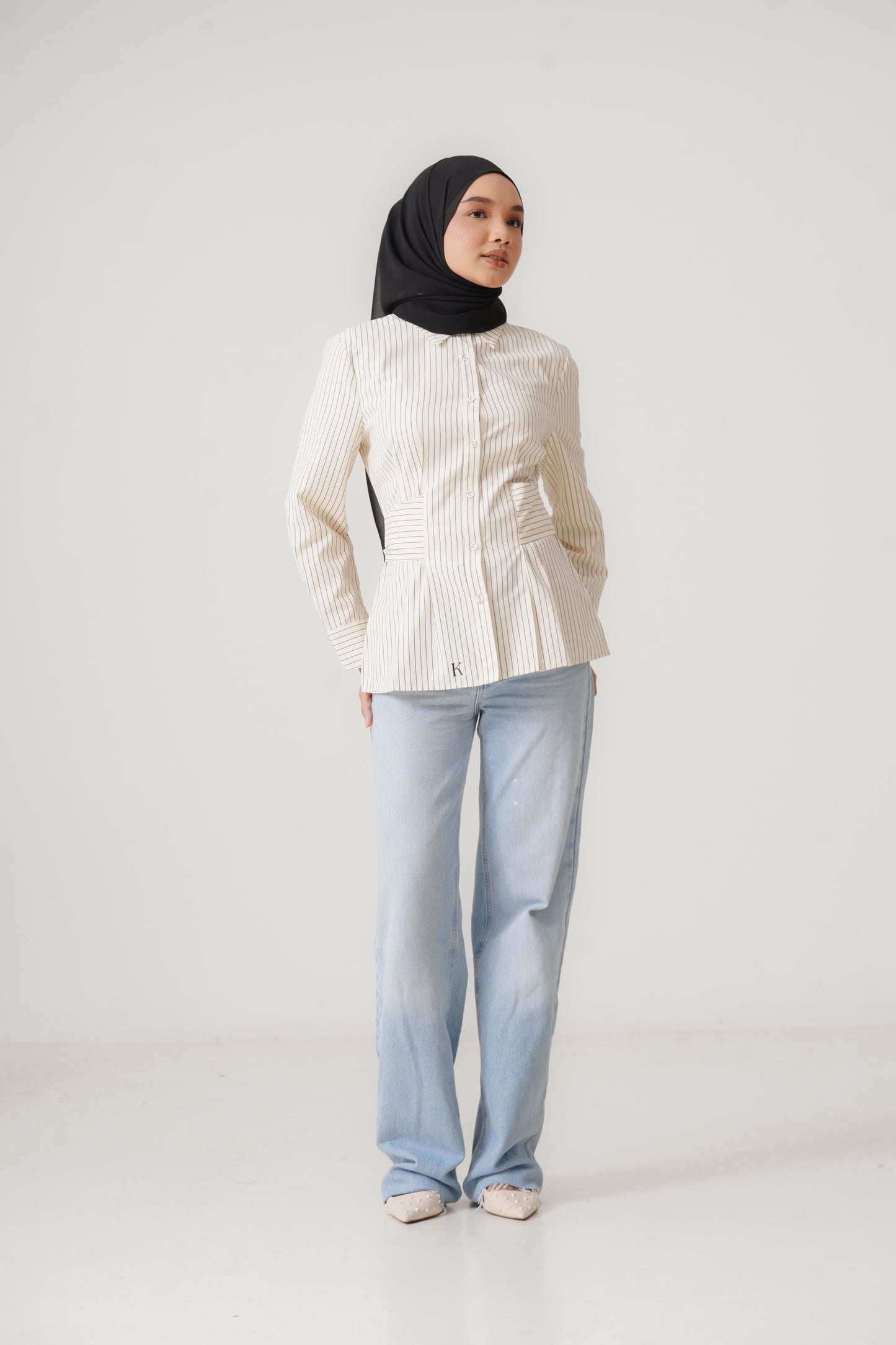 Structured Belt Top in Vanilla Stripes