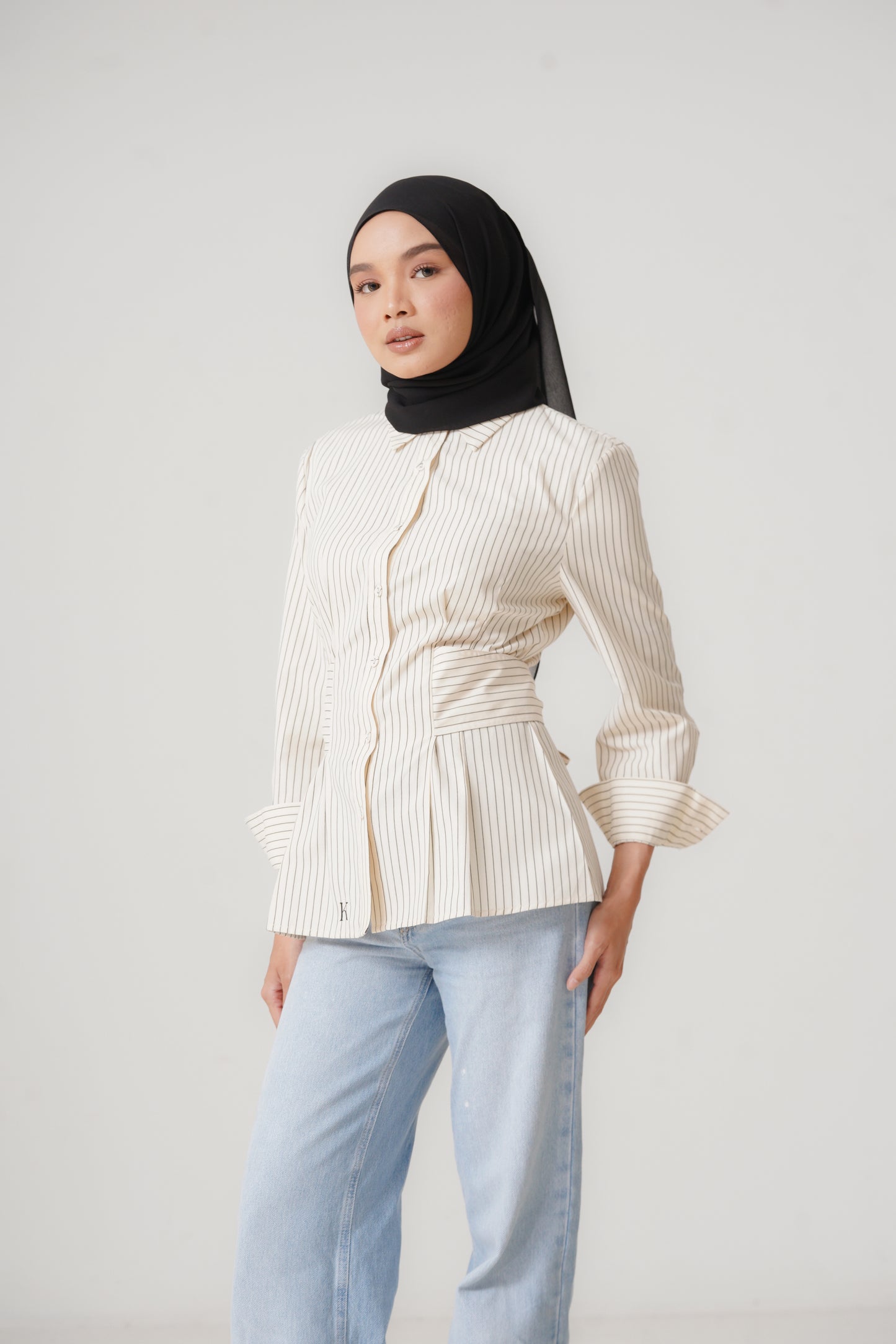 Structured Belt Top in Vanilla Stripes