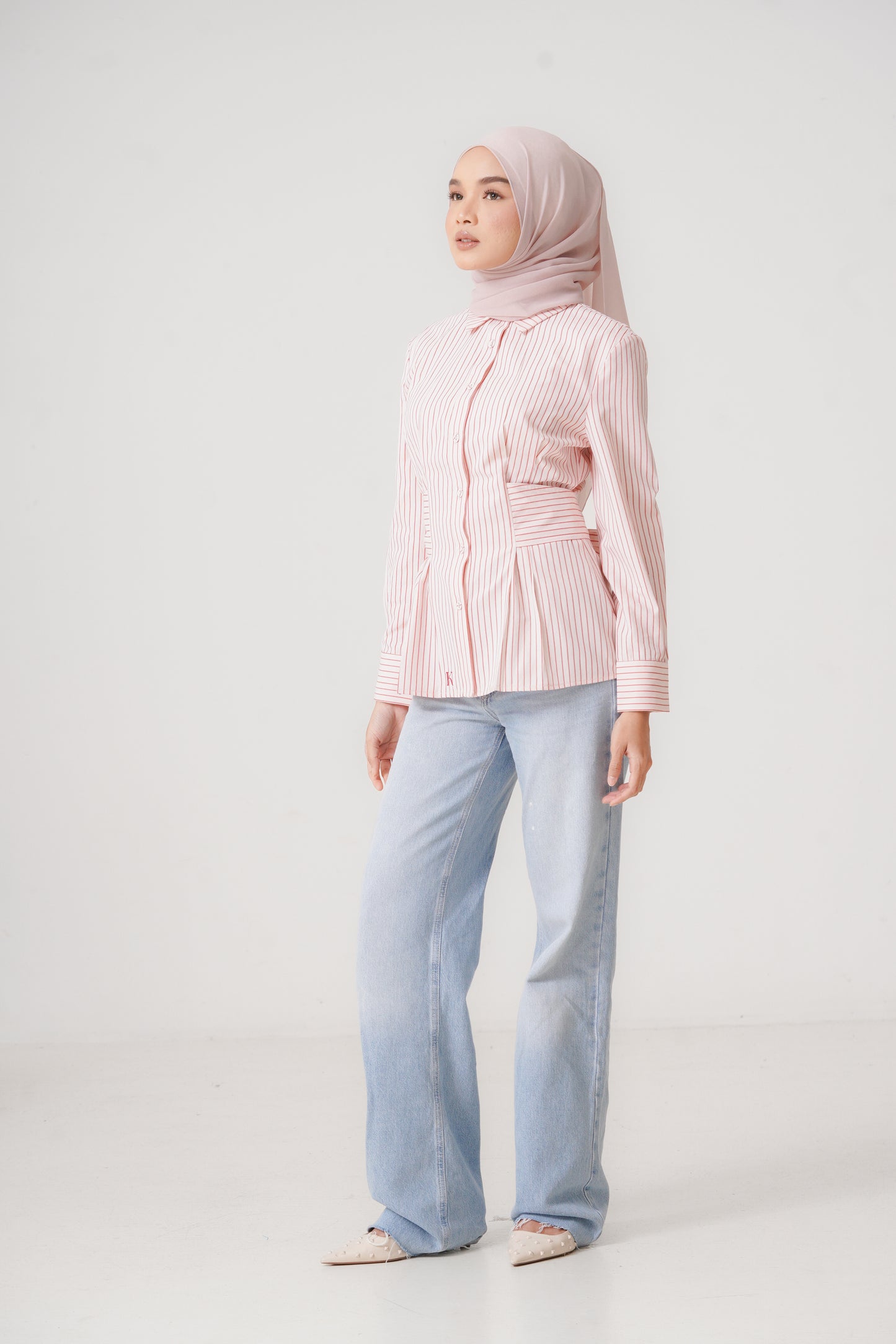 Structured Belt Top in Rose Stripes
