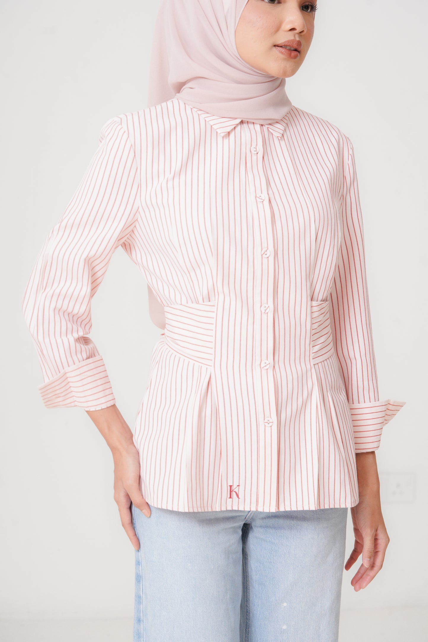 Structured Belt Top in Rose Stripes