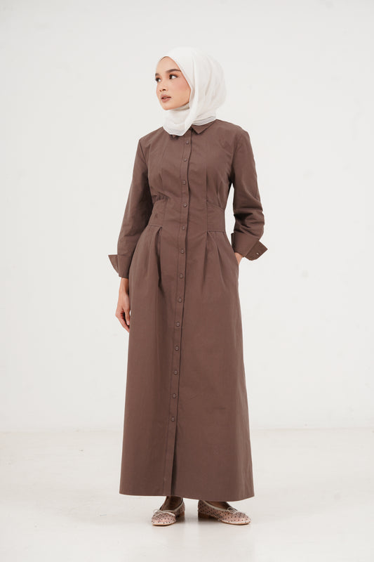 Structured Belt Dress Plain - Coffee