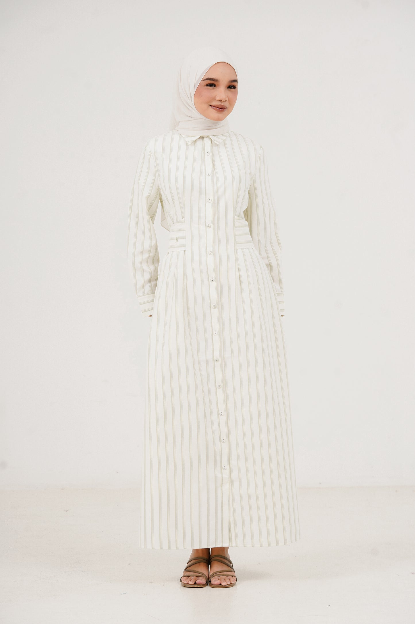 Structured Belt Dress Stripes - Sage