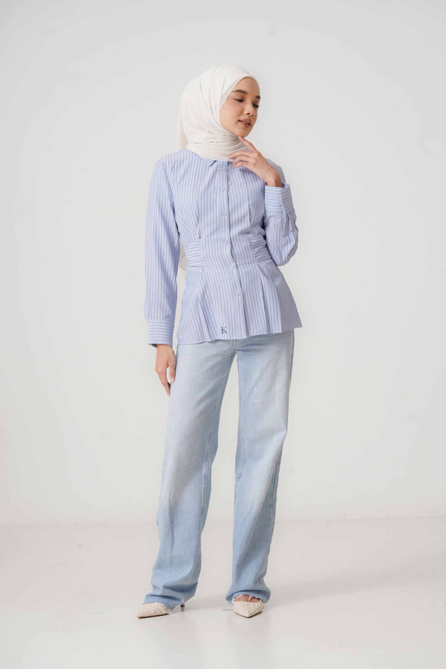 Structured Belt Top in Denim Stripes