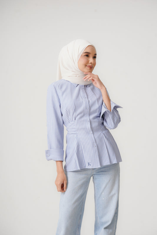 Structured Belt Top in Denim Stripes